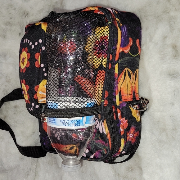 Black with flowers crossbody bag. Canvas holds bottle water. - Picture 3 of 8